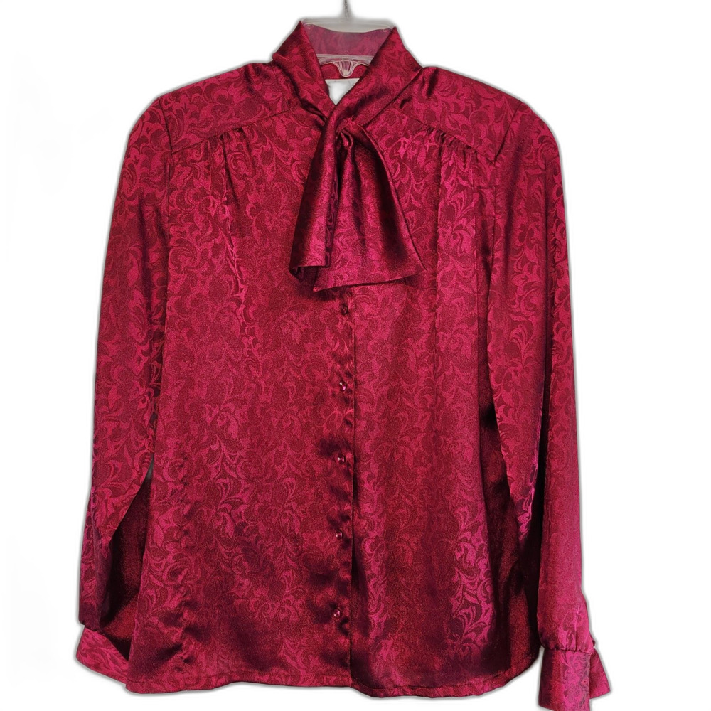 Vintage 80's or 90's Tan Jay Nygard Maroon Satin Blouse Size 6